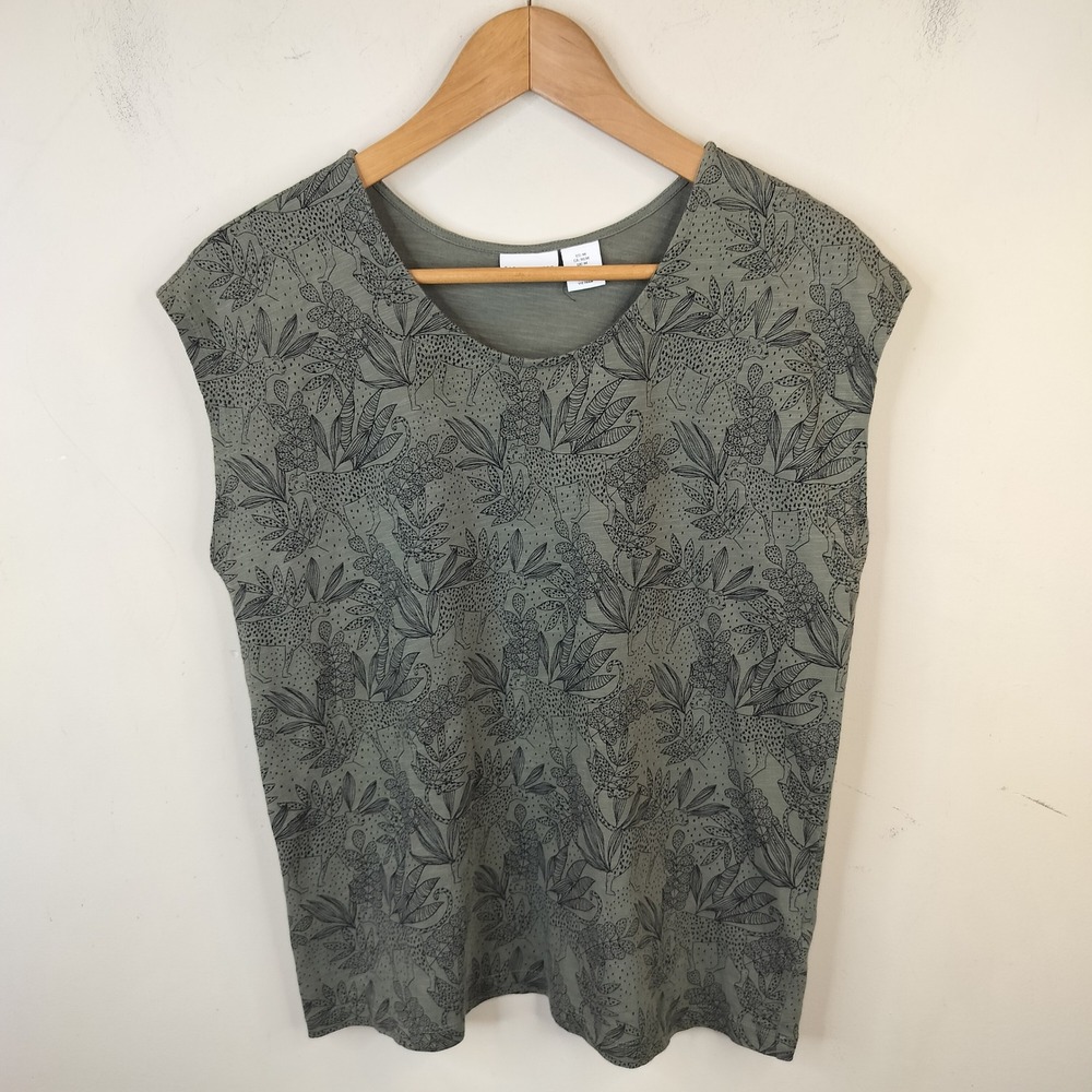 Tabitha Webb Cheetah Print Top Women Medium Cotton Slub Safari Green Tee